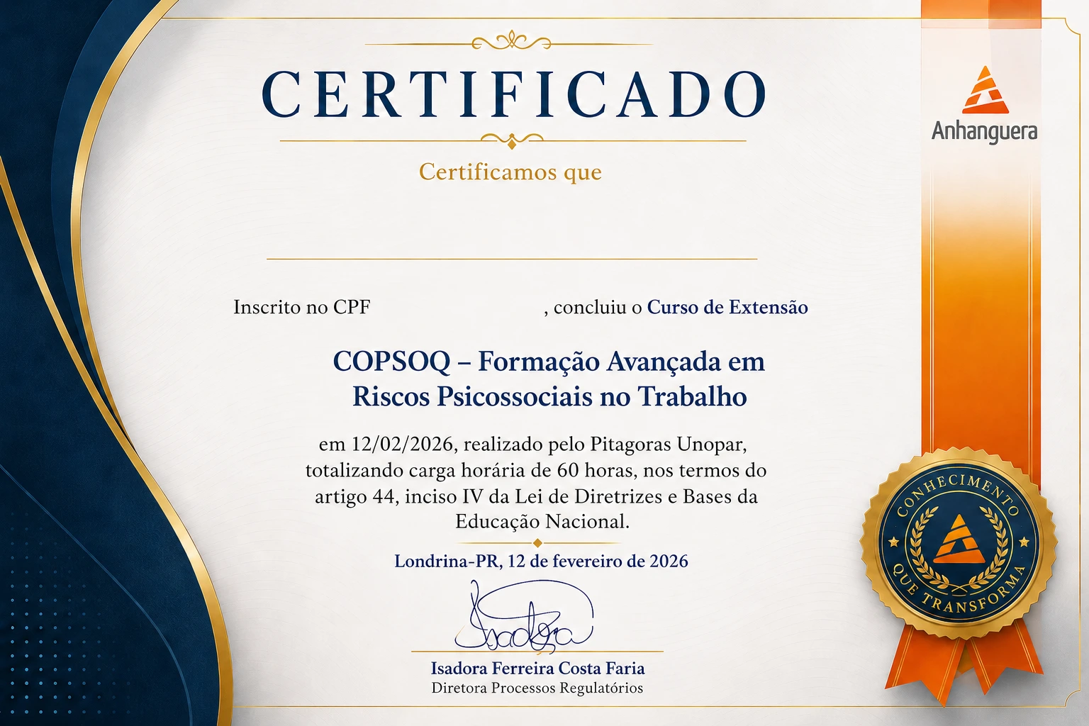 Modelo de certificado COPSOQ, 60h, reconhecimento MEC, Anhanguera/Pitágoras Unopar